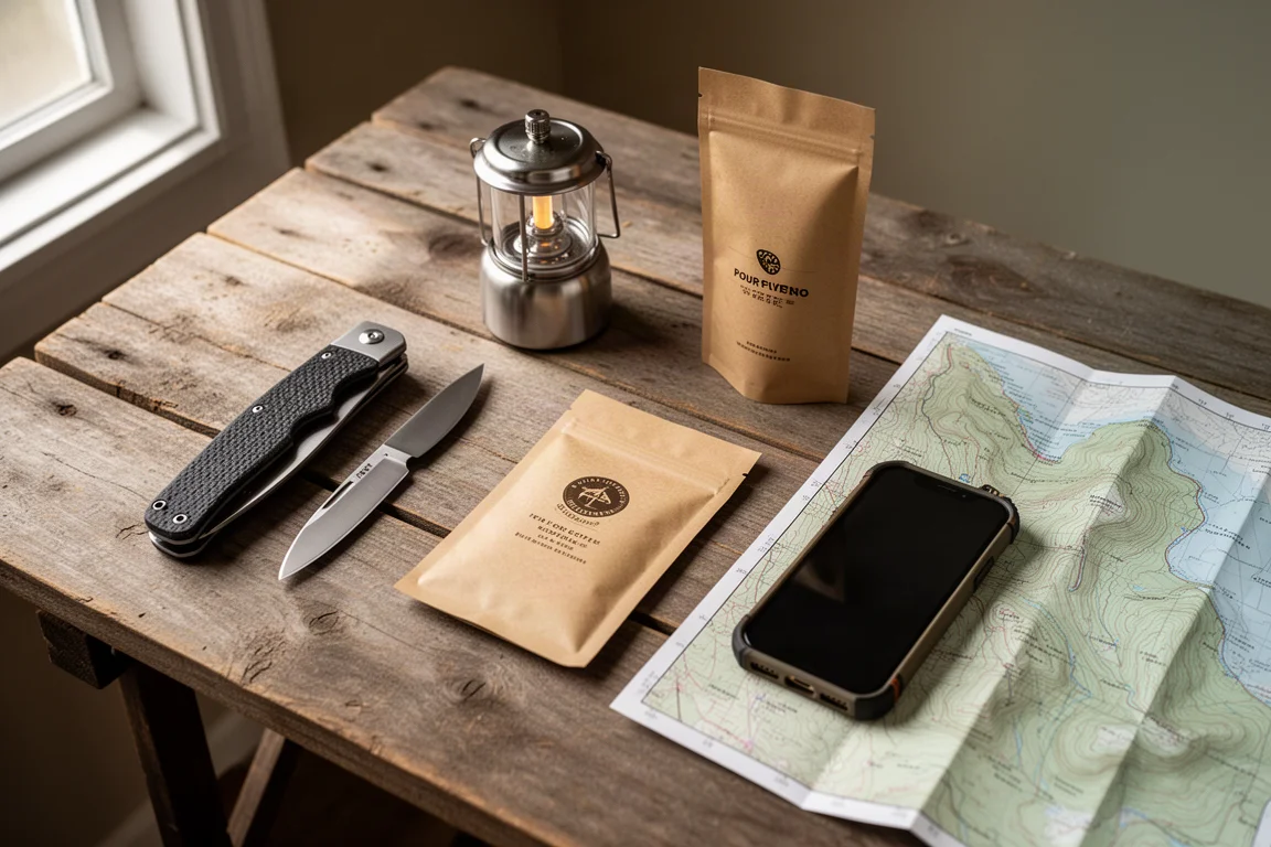 Folding knife, glass canister lantern, pour over coffee pouch and map on a wooden camp table