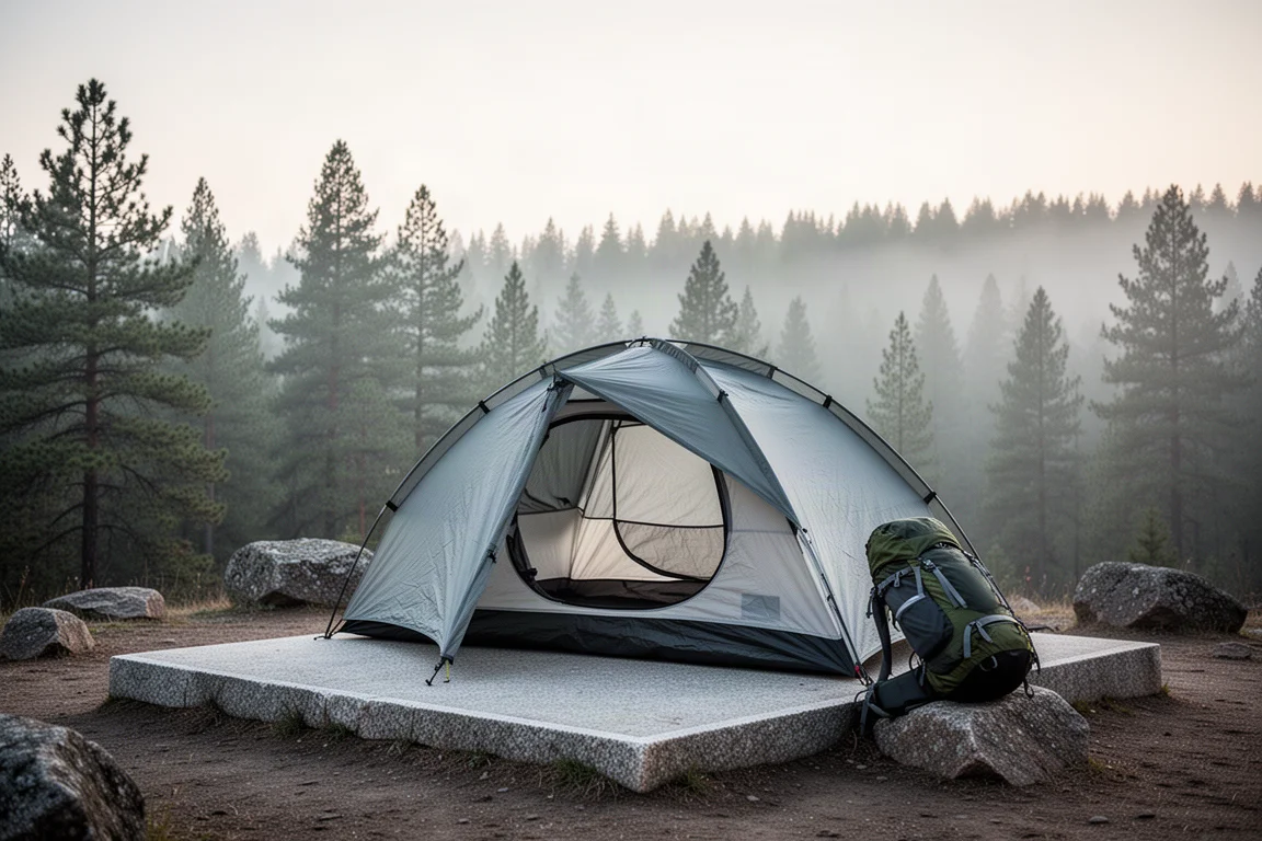 Lightweight tent pitched on a granite campsite pad at first light with a backpack nearby