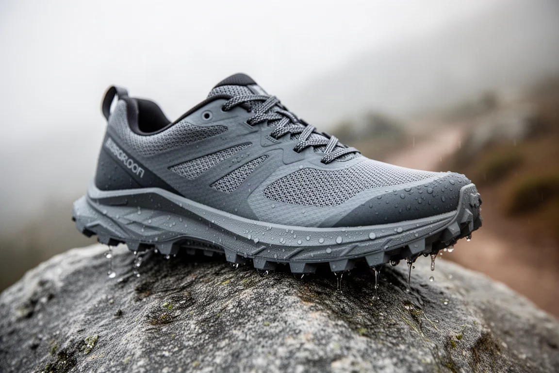 Low-profile trail running shoe on wet grey rock with water beading on the outsole