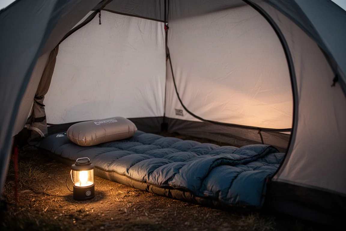 Tent interior at dusk with a sleeping pad, quilt and small inflatable pillow