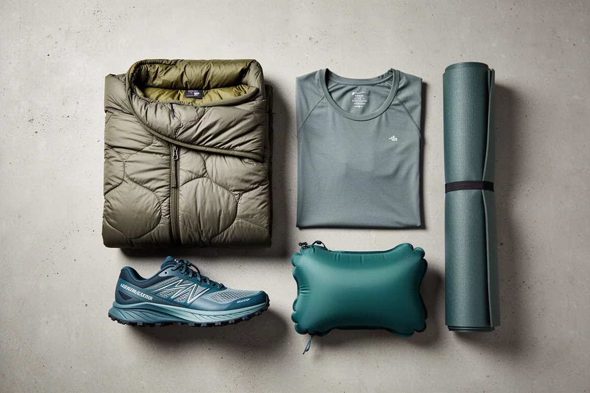 Overhead flat-lay of backpacking essentials including a quilt, base layer, shoe and pillow