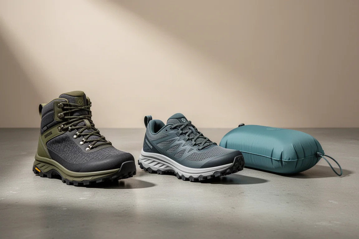 Hiking boot, trail running shoe and inflatable camp pillow arranged on concrete