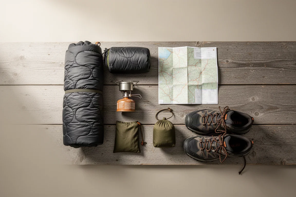 Flat-Lay von oben auf Backpacking-Ausrüstung mit Quilt, Kocher und Karte auf Holz