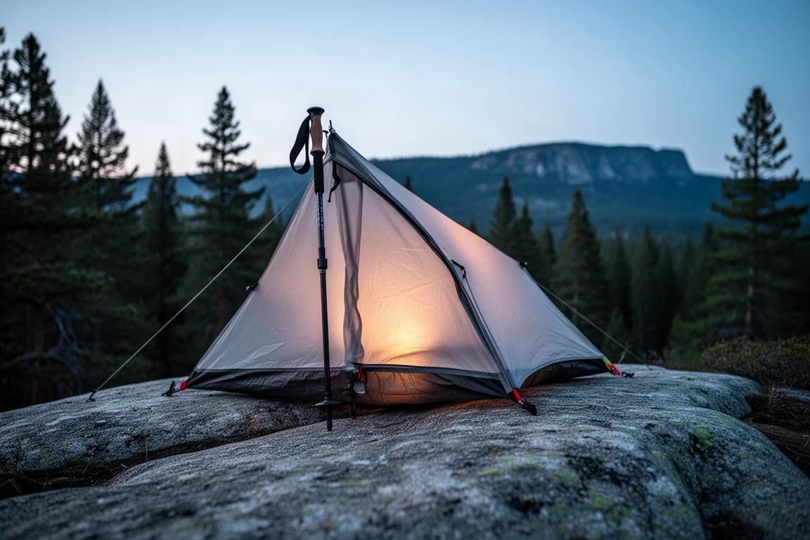 Mit Trekkingstöcken aufgebautes Shelter auf einer Granitplatte in der Dämmerung, dahinter Kiefernwald