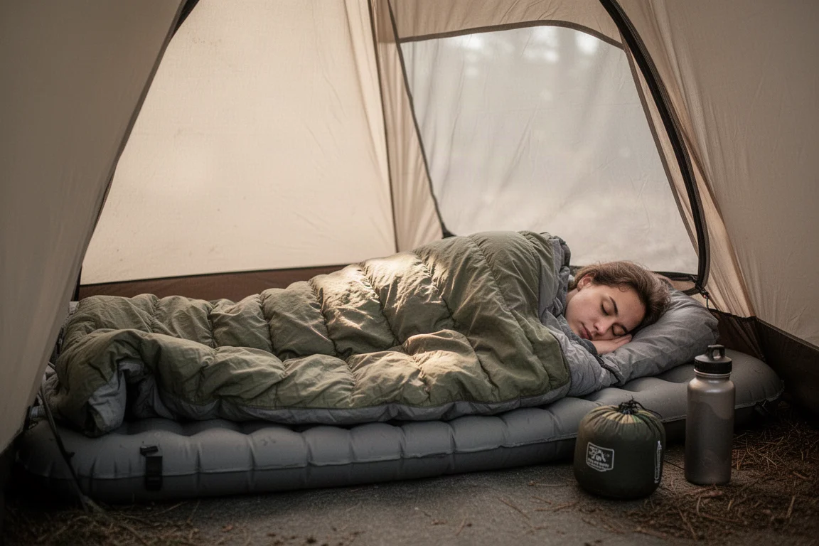 Schlaf-Quilt auf einer Isomatte in einem niedrigen Shelter im Morgenlicht ausgerollt