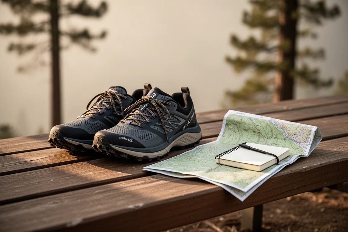 Trailrunning-Schuhe auf einer Holzbank neben einer gefalteten Karte und einem Notizbuch