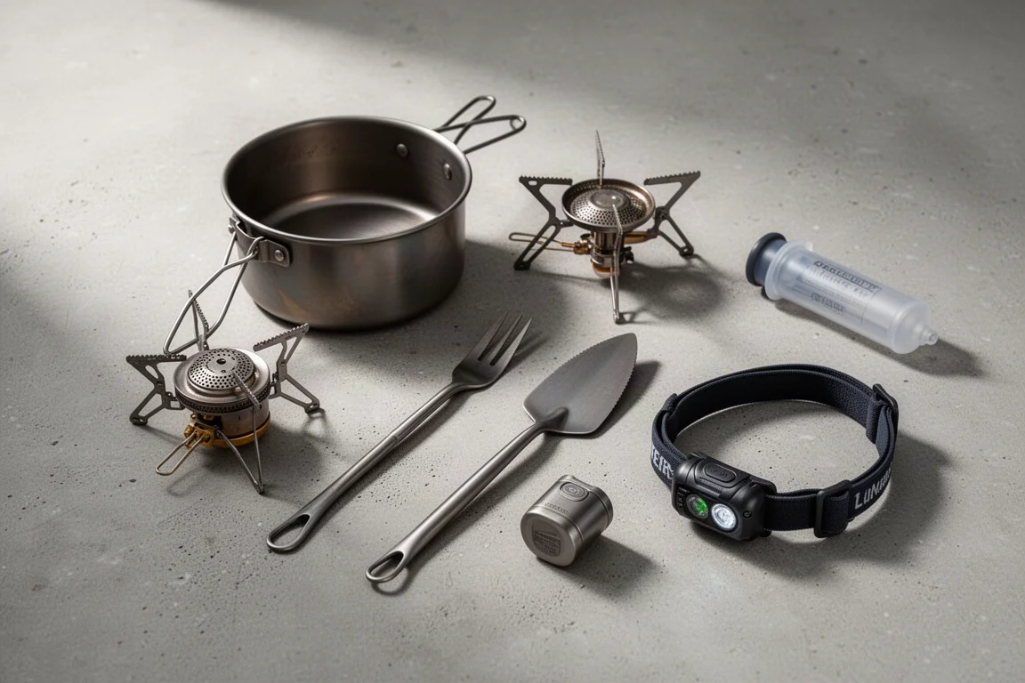 登山炊具裝備的平拍，包括鈦鍋、爐具、餐具、挖坑鏟、濾水器和頭燈