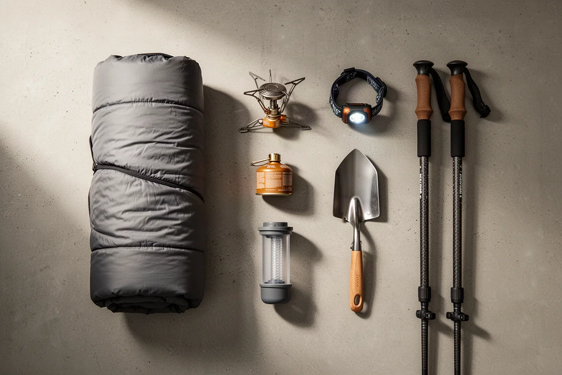 Overhead flat-lay of backpacking gear including a quilt, stove, headlamp, filter, trowel and trekking poles