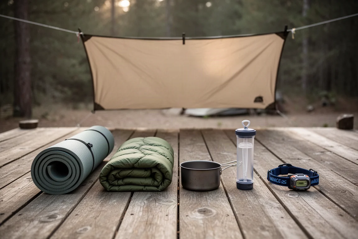 Equipamiento de mochileo colocado en filas sobre una plataforma de madera en un camping