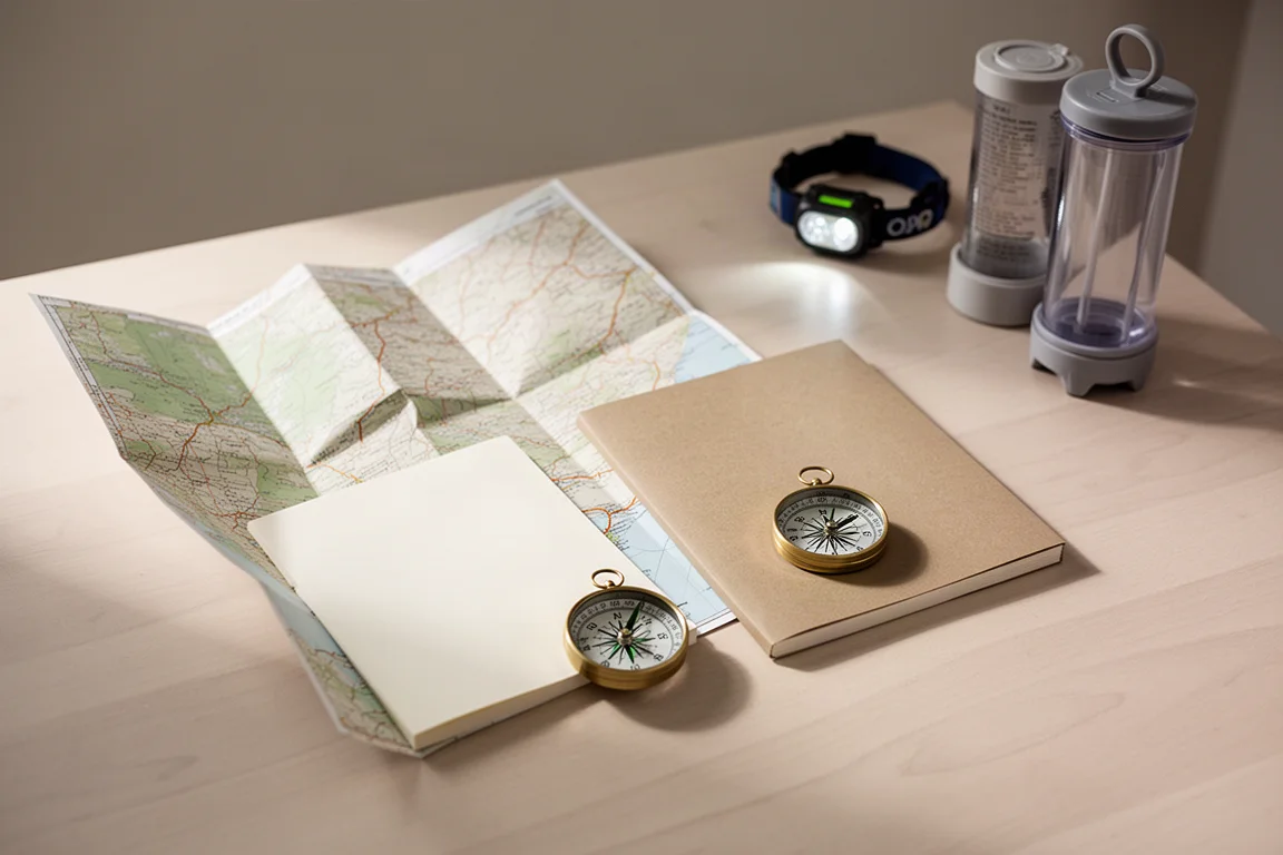 Mapa de papel plegado, cuaderno liso y brújula sobre una mesa de madera clara