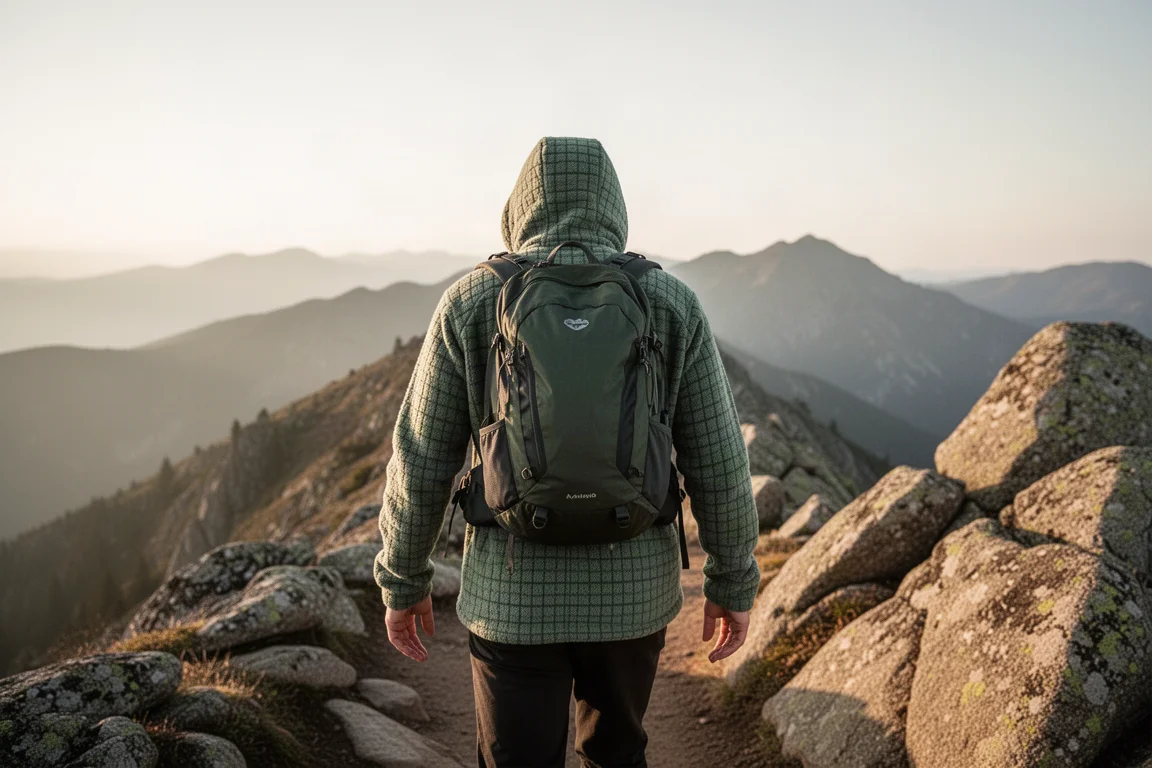Wandelaar in groene grid fleece loopt over een rotsachtig bergkammetje bij zonsondergang