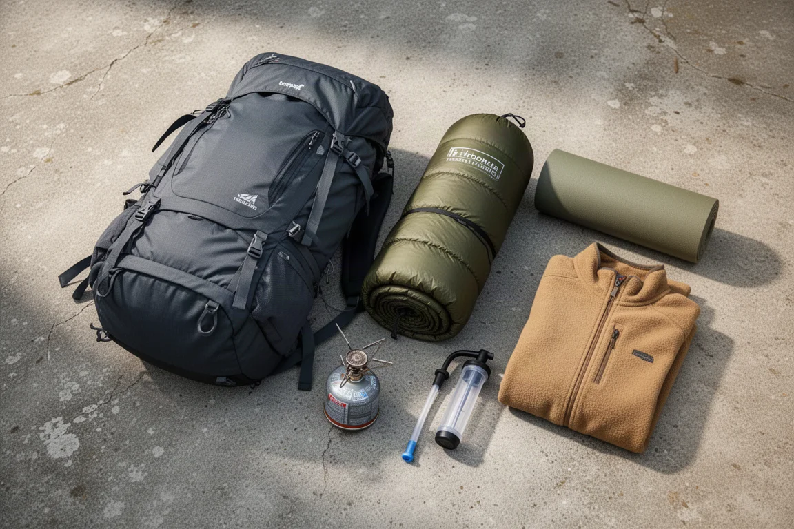 Attrezzatura da backpacking di lungo periodo disposta su cemento con zaino, tenda, materassino e fornello