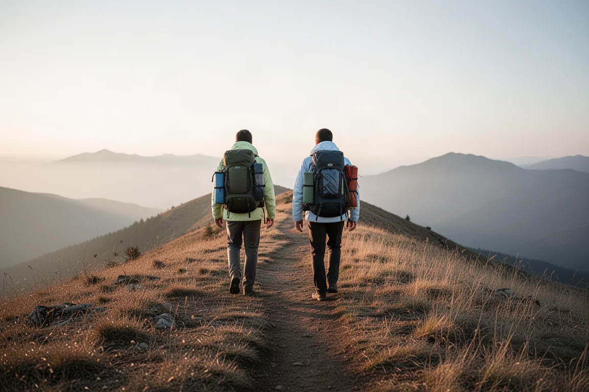 Backpacker loopt bij zonsopgang over een hoge alpiene bergkam met een volgeladen rugzak