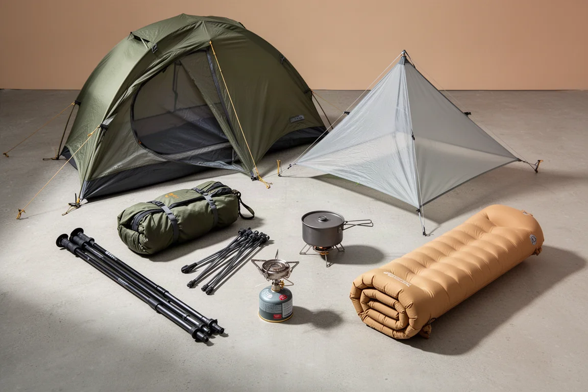 Four backpacking gear items arranged on a grey concrete surface