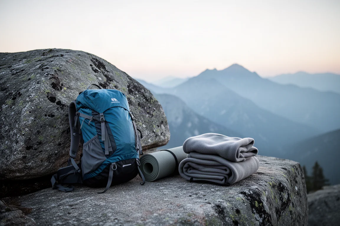 Backpacking-Ausrüstung liegt bei erstem Licht auf Granit in einem Bergcamp