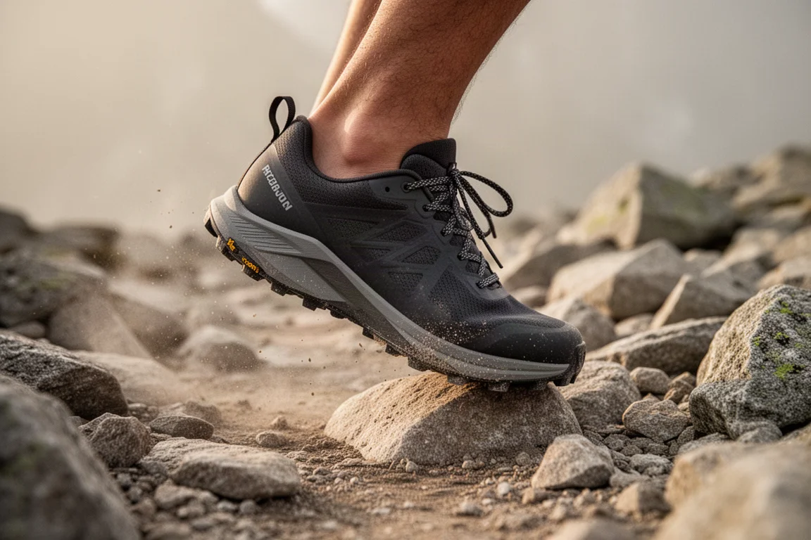 Flacher Trail-Schuh biegt sich auf felsigem Untergrund eines alpinen Trails