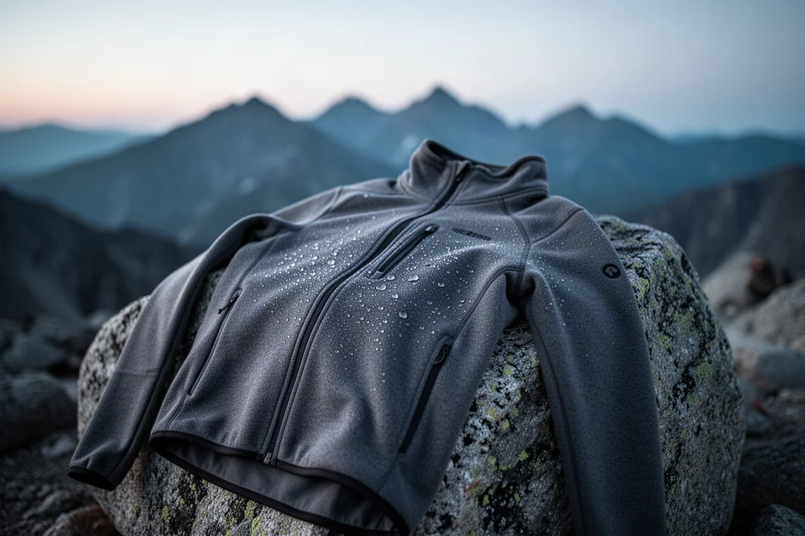 Fleece-Zwischenschicht liegt in der Dämmerung über einem Felsen in einem kalten Hochcamp