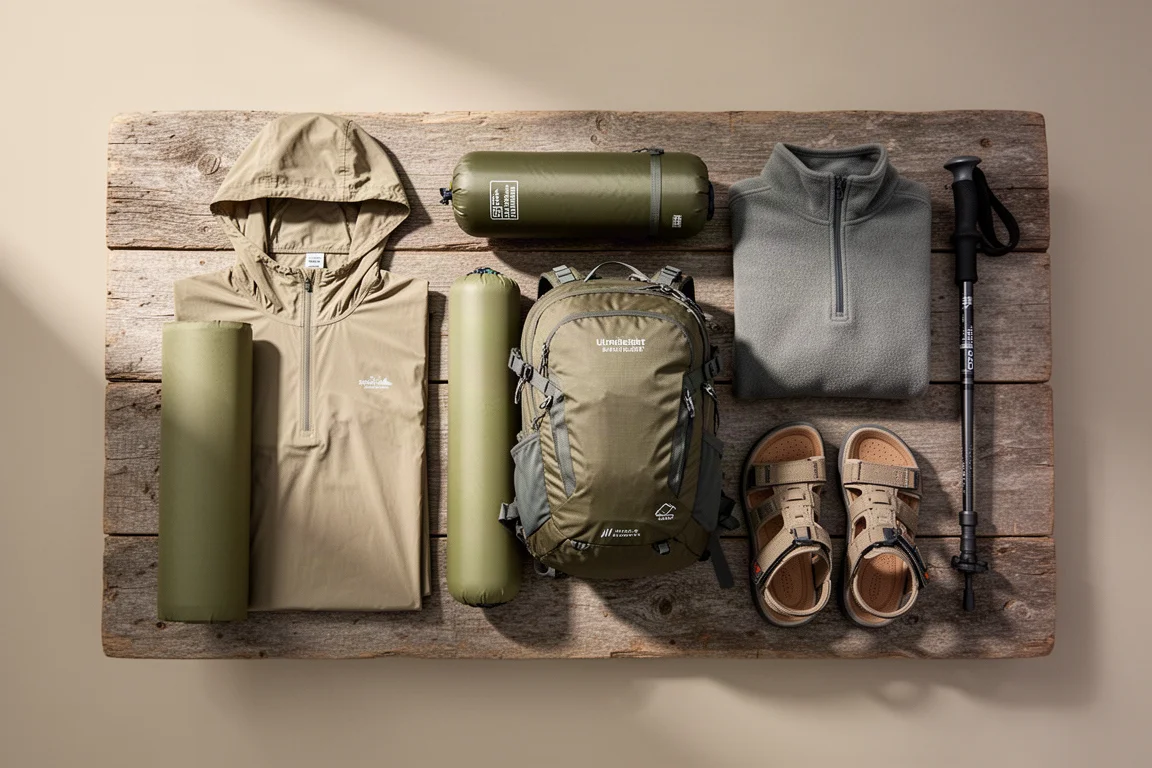 Flache Anordnung von Backpacking-Ausrüstung mit Sonnenkapuze, Isomatte, Rucksack, Fleecejacke und Sandalen