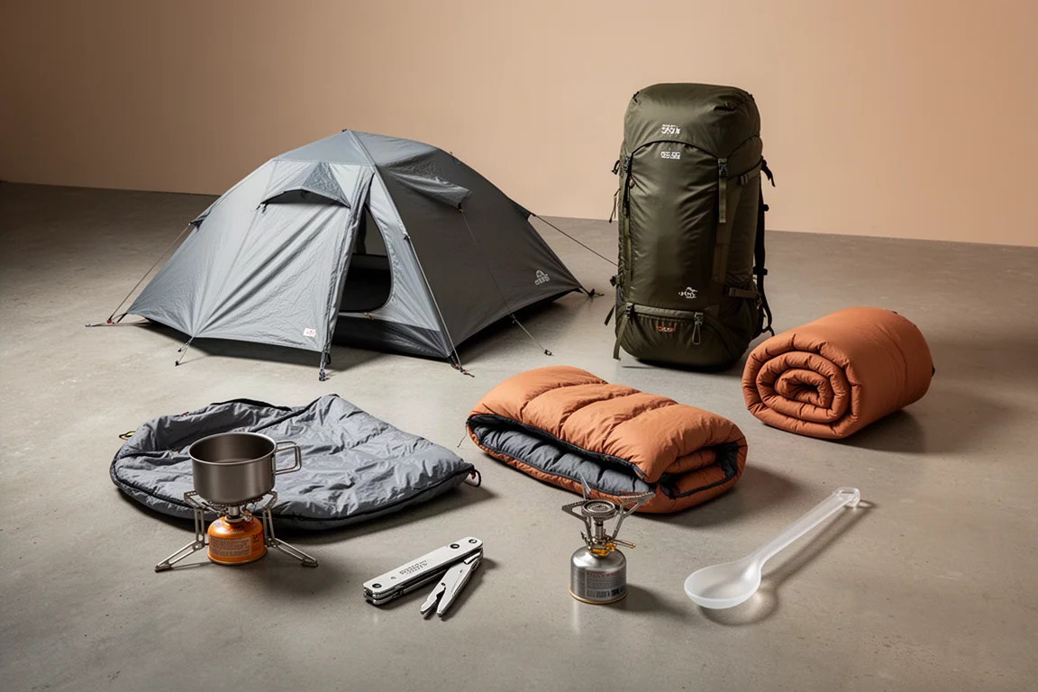Ultralight backpacking gear arranged on a matte concrete surface