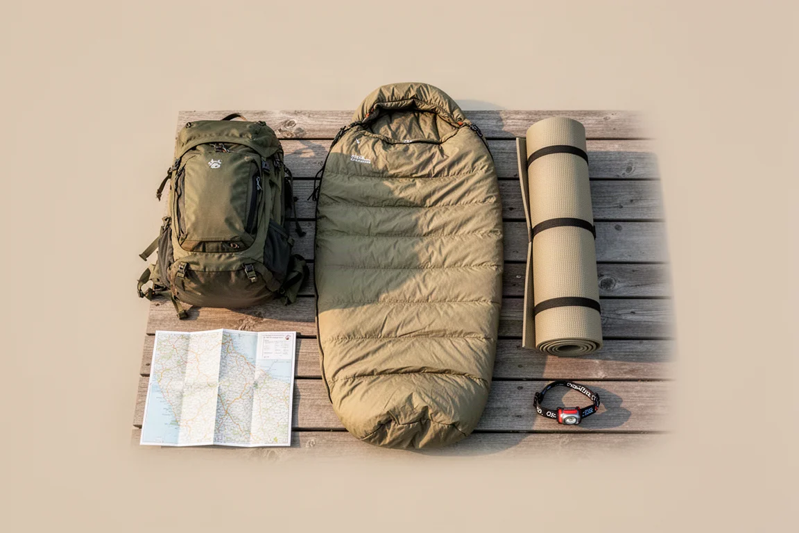 Shelter, sleeping bag and sleeping pad laid out in packing order on a wooden deck