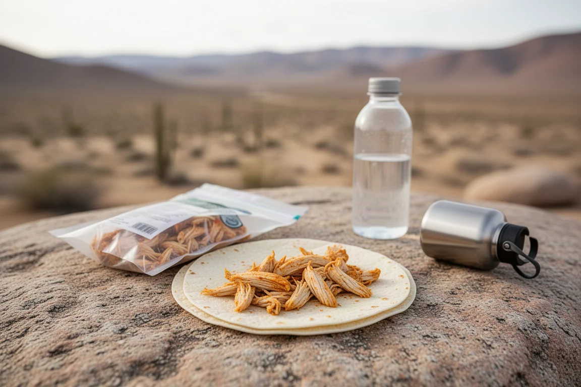 Trailside lunch of chicken on a tortilla on a granite rock with a desert valley behind