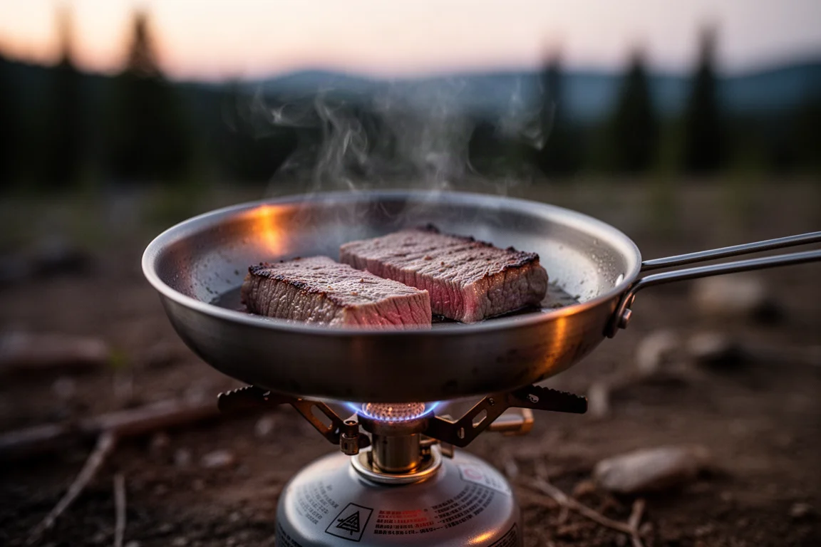 Slices of pressed meat searing in a titanium pan on a canister stove at dusk