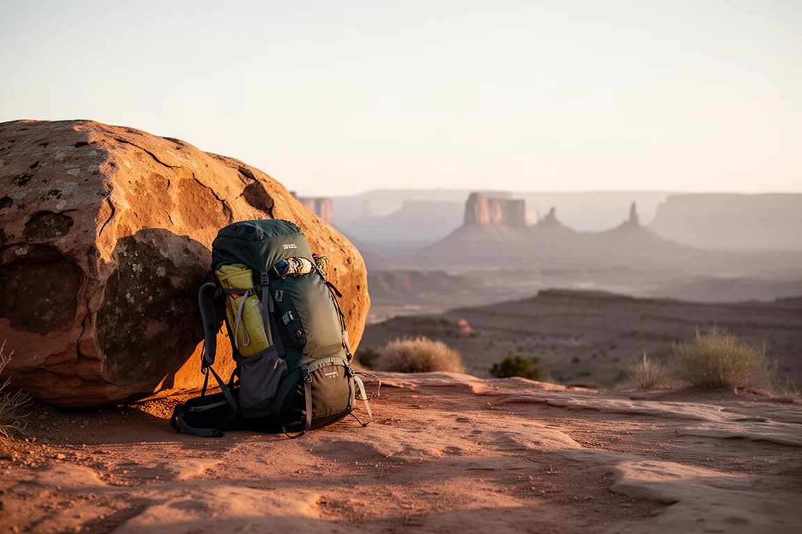 Loaded backpacking pack leaning on a sandstone boulder at a desert overlook at golden hour