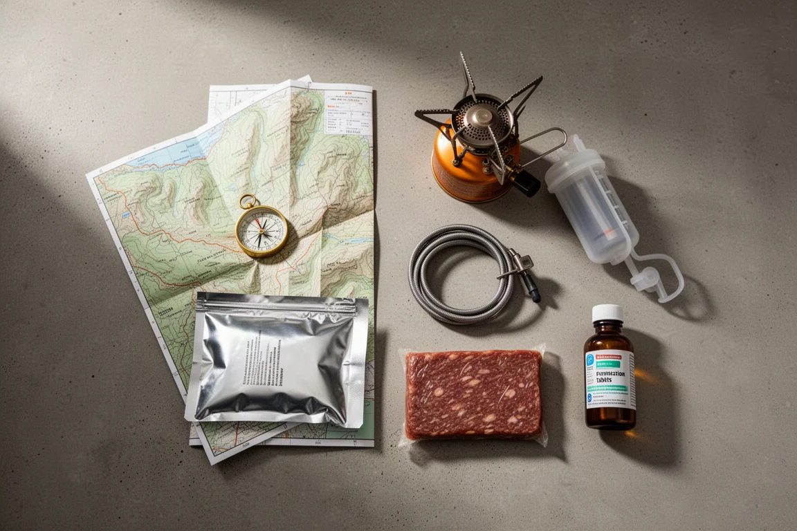 Backpacking essentials flat-lay with map, compass, stove, filter, food and tablets on concrete