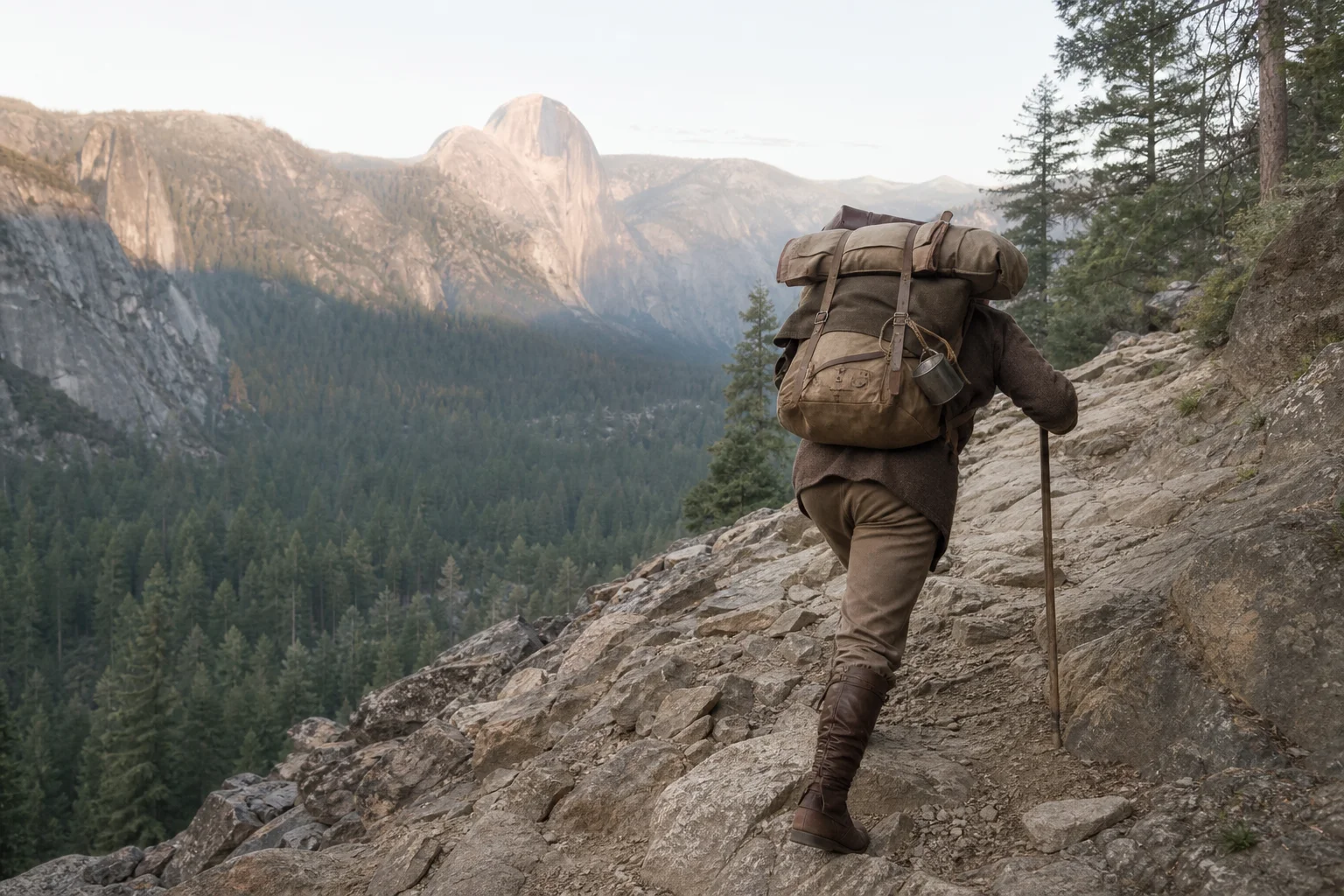 Wanderer in Wollkleidung von 1925 beim Aufstieg auf einem Bergpfad