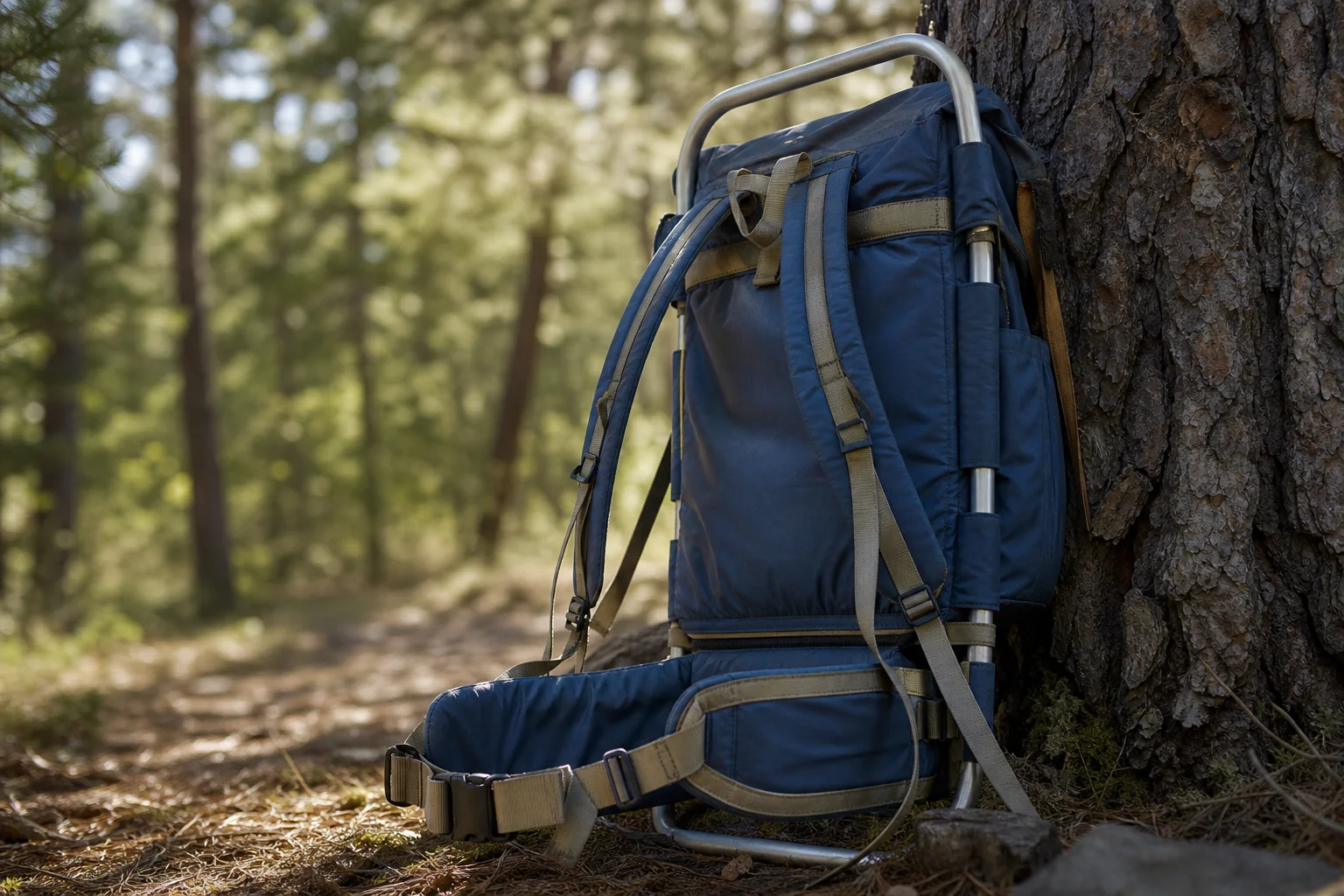 Rucksack mit Aluminiumrahmen und Hüftgurt, der an einem Baumstamm lehnt
