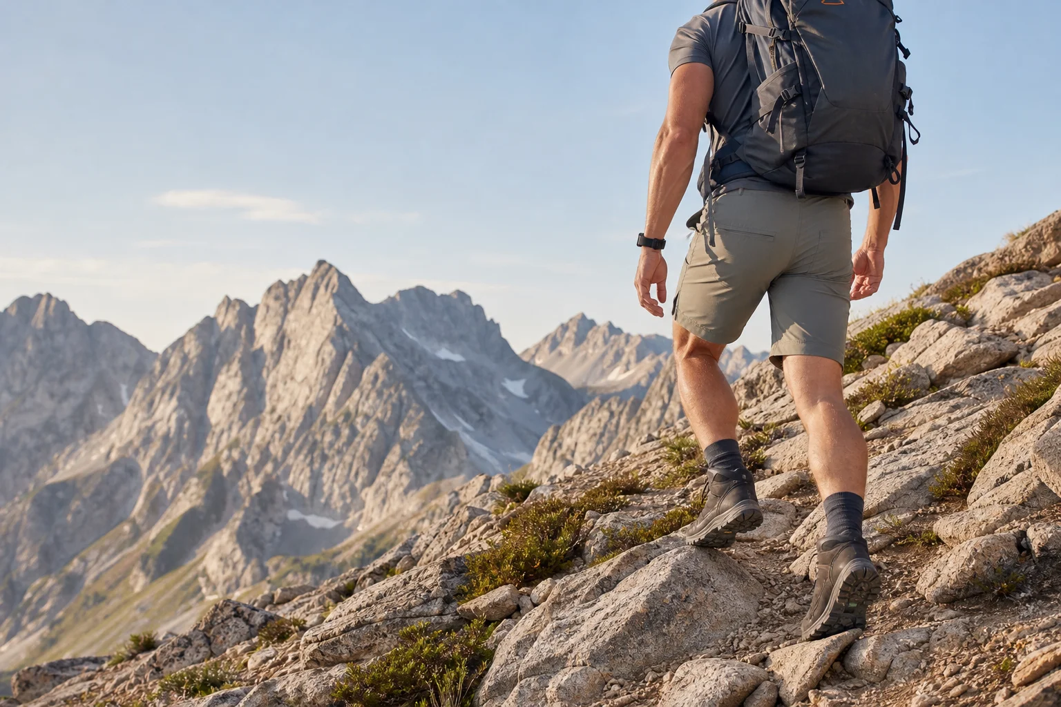 Wanderer in moderner technischer Kleidung beim Aufstieg auf einen felsigen Berghang