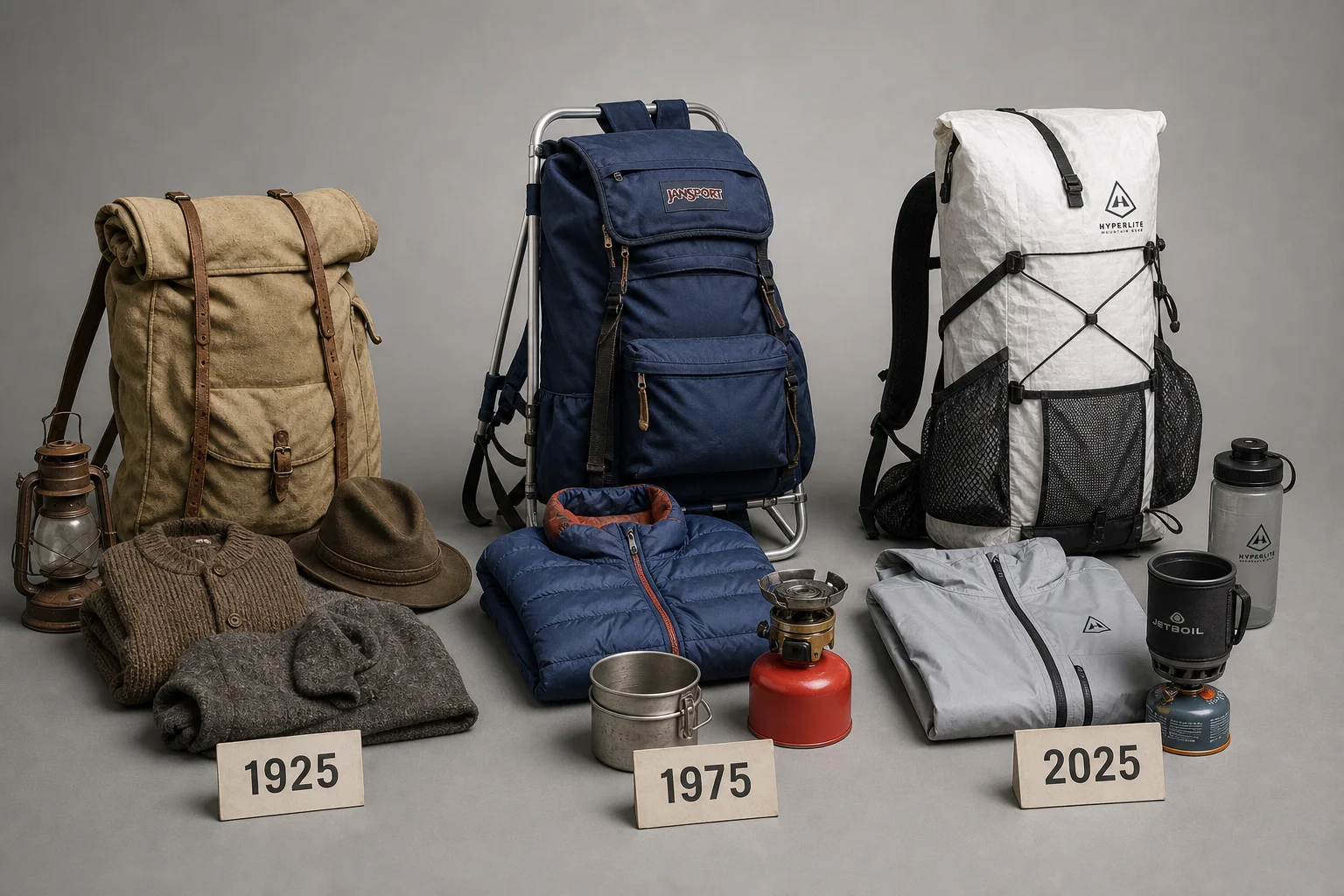 Zeitstrahl der Backpacking-Ausrüstung von 1925, 1975 und 2025 auf einer grauen Oberfläche