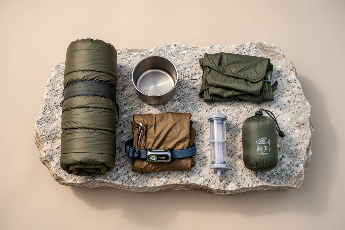Overhead flat-lay of ultralight backpacking gear arranged on a granite slab