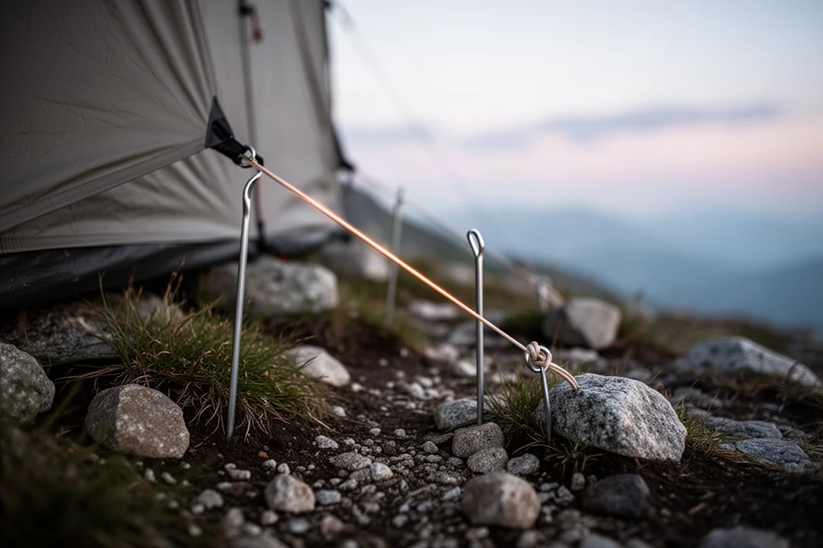 Guy lines tensioned to slim stakes in alpine soil at dusk