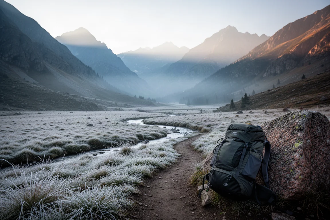 Alpine valley trail at sunrise with frost, creek, and a backpack resting on a boulder