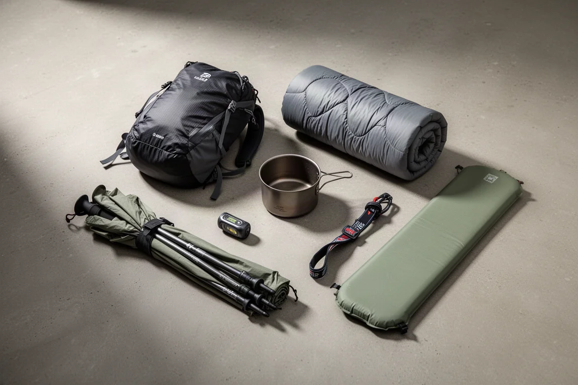 Ultralight backpacking gear arranged on a matte concrete surface for an editorial roundup