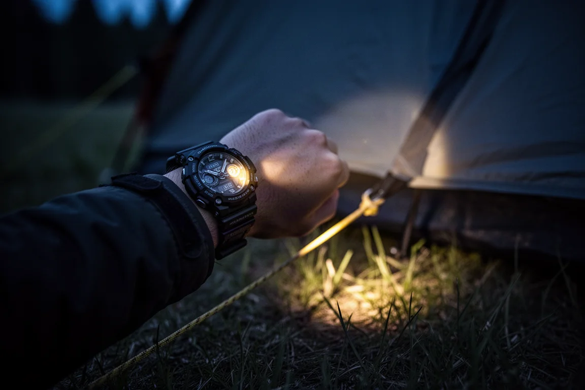 Robuust buitenhorloge om een pols dat bij schemer een scheerlijn van een tent verlicht met ingebouwde lamp