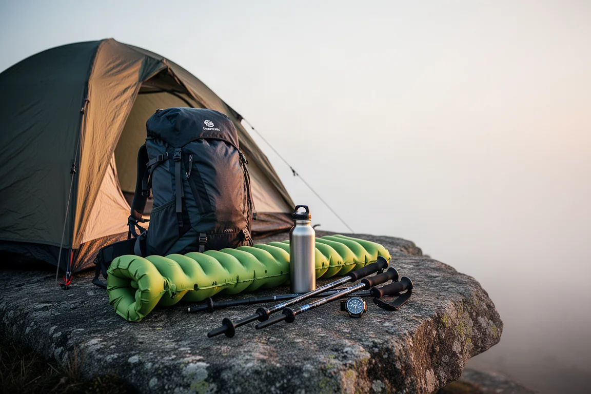 Backpackinguitrusting uitgestald op een platte steen naast een tent in zacht ochtendlicht