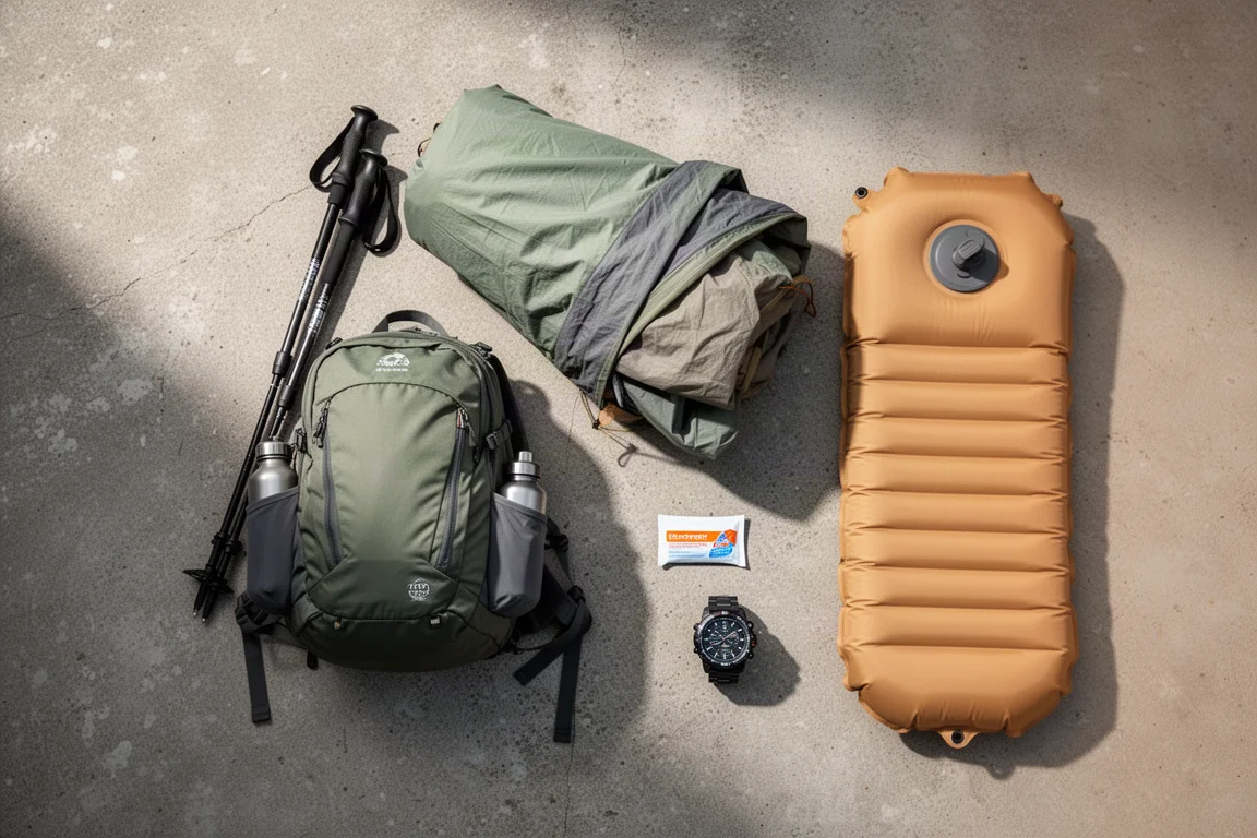Backpacking gear flat-lay with tent, backpack, electrolyte packet, watch, and sleeping pad on concrete