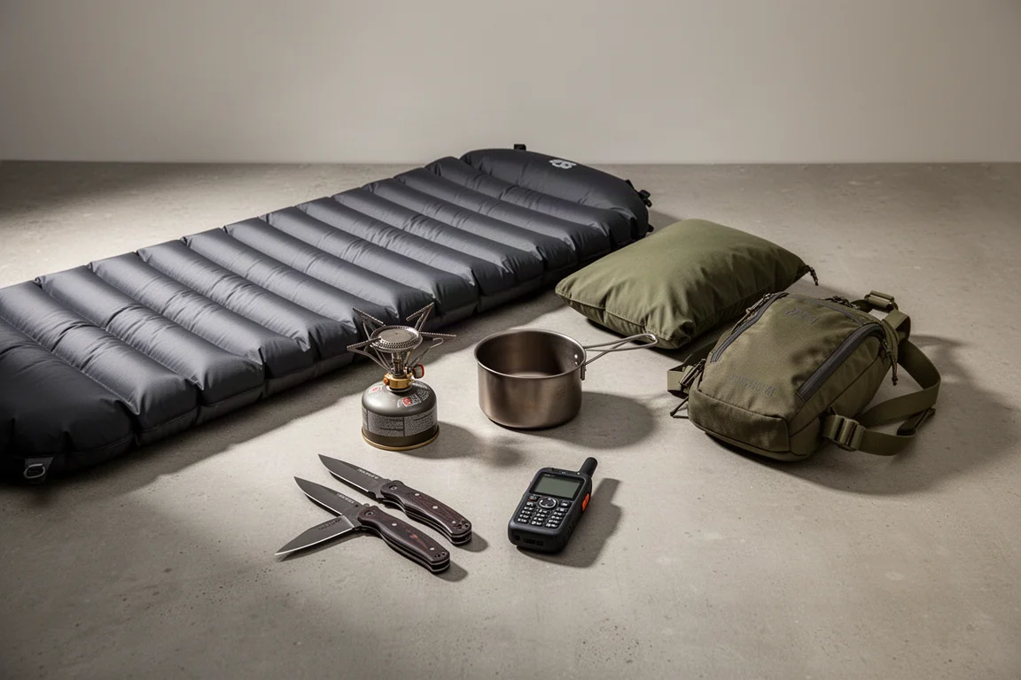 Backpacking gear including a sleeping pad, stove, cook pot, knives, and communicator on concrete