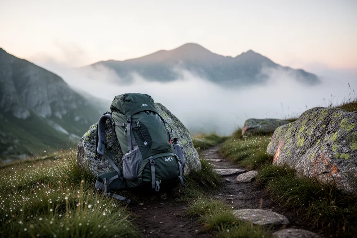 黎明时分,装满的登山背包斜靠在山径旁的花岗岩巨石上