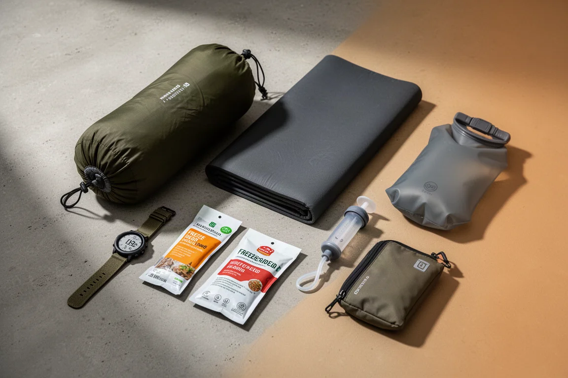 Flat-lay of backpacking gear including a tent, sleeping pad, watch, meal pouches and water filter
