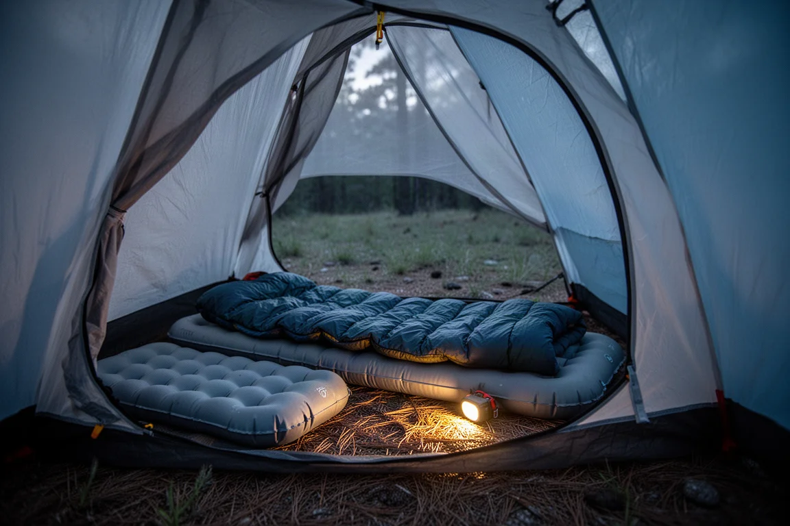 Tent interior at dusk with an inflated sleeping pad, quilt and headlamp glow