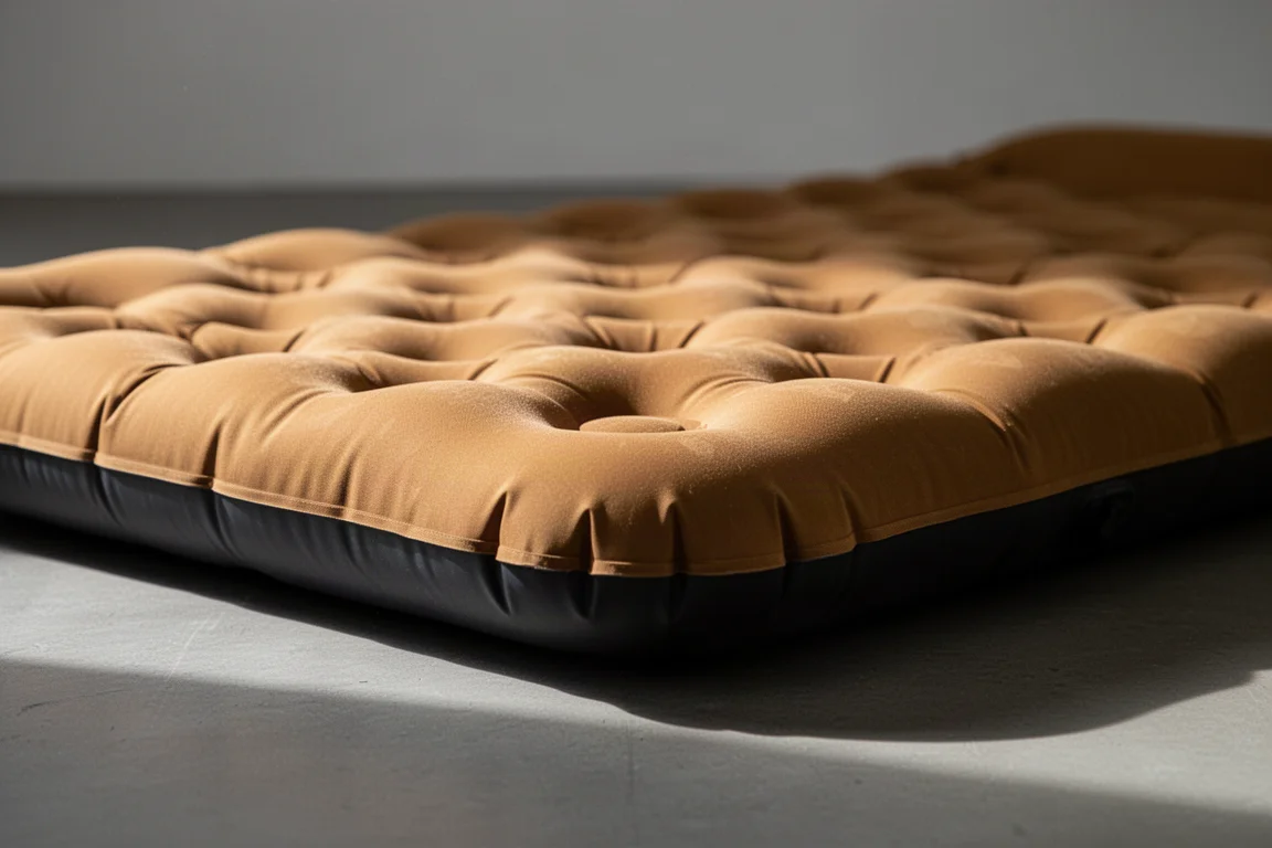Close-up of sculpted dimples and divots on an inflated sleeping pad surface
