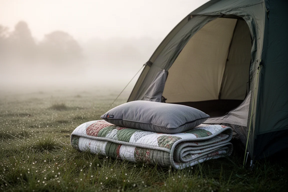 Camp pillow resting on a folded quilt beside an open tent at first light
