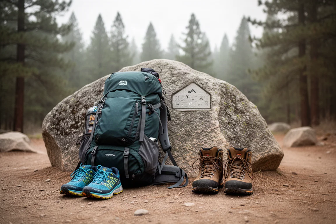 Backpack against a boulder with trail runners and hiking boots placed nearby