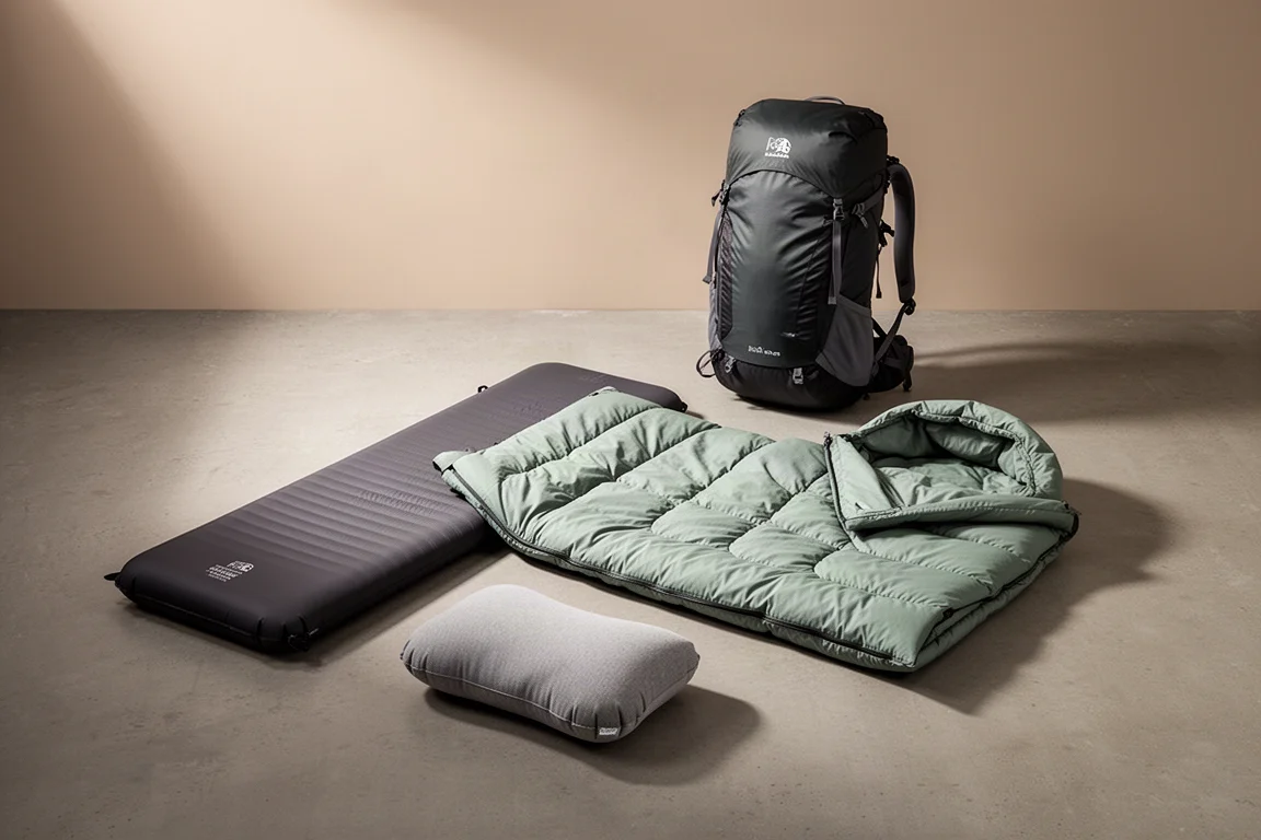 Backpacking sleep system with pad, quilt, pillow and lightweight pack on concrete