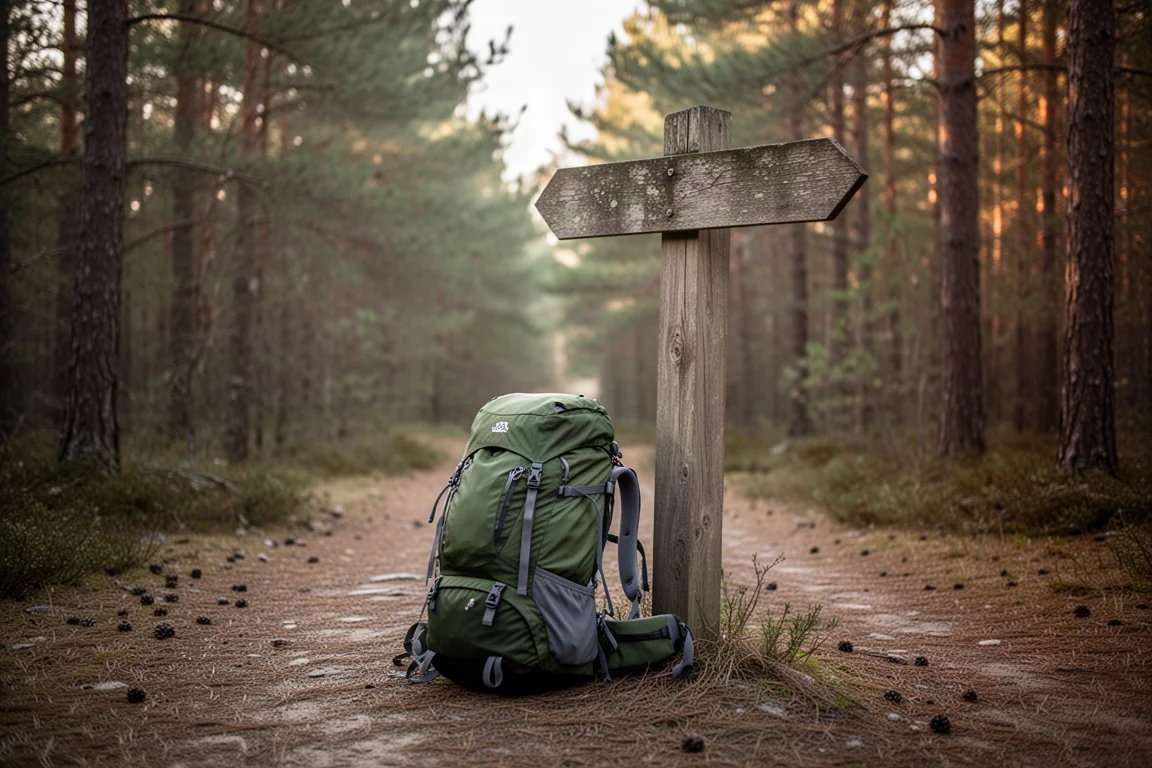 Beladener Trekkingrucksack lehnt an einem Holzwegweiser neben einem Waldweg