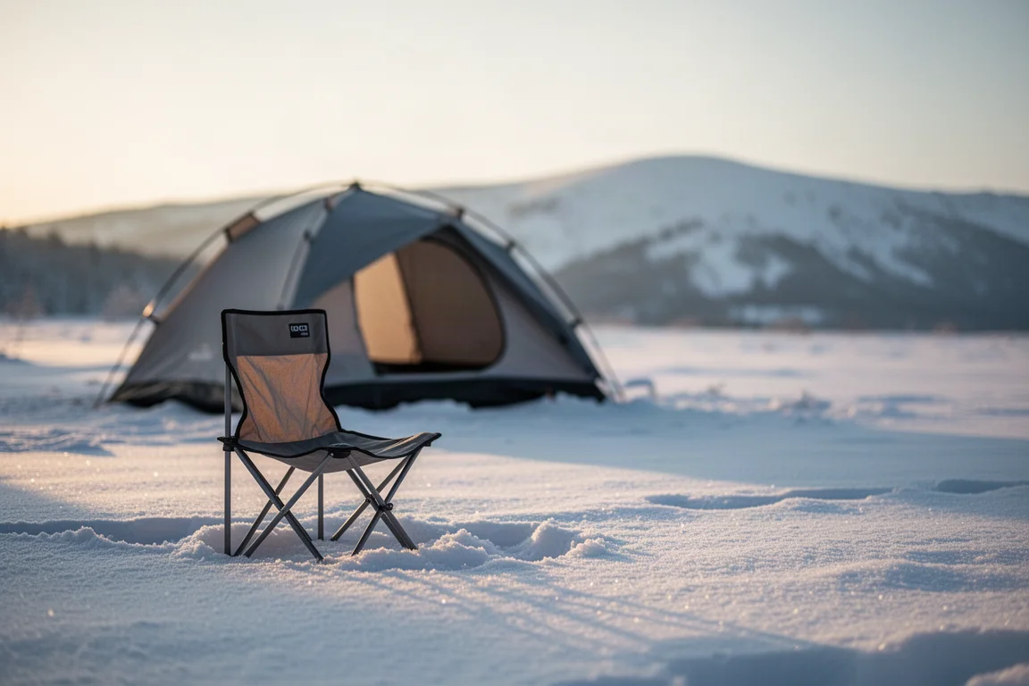 Kleiner zusammenklappbarer Campingstuhl auf festem Schnee neben einem Winterlager