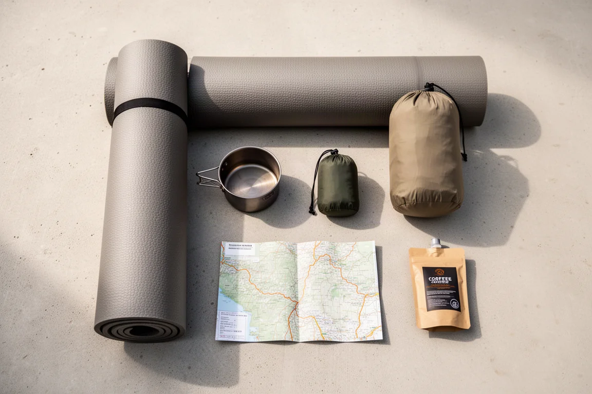 Draufsicht auf Backpacking-Ausrüstung mit Schaummatte, Topf und Karte auf Beton
